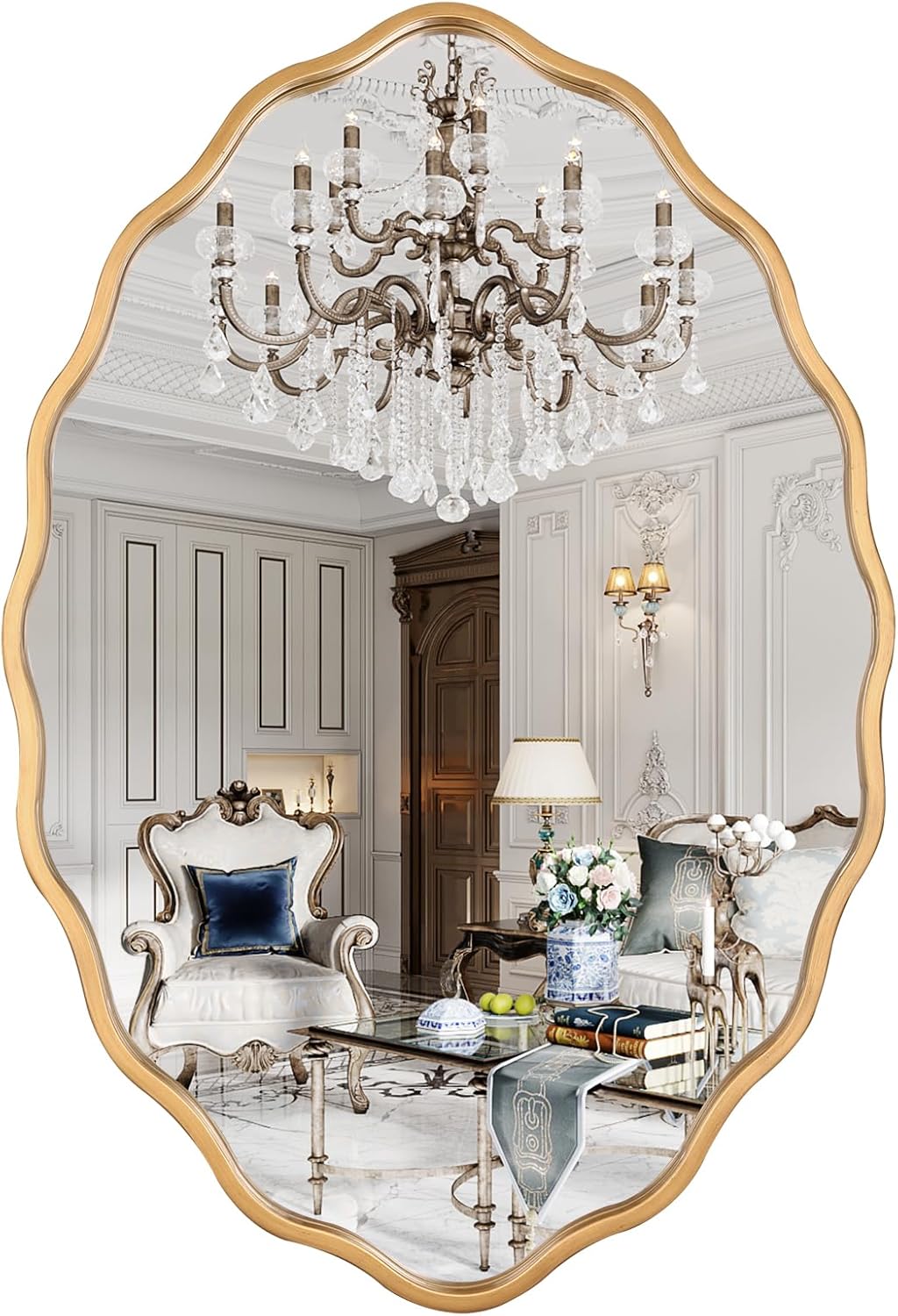 20 * 30 Inch Brushed Gold Oval Ripple Bathroom Mirror Wall Mounted Large Modern Countryside Suitable for Washroom, Bedroom, Living Room, Entryway