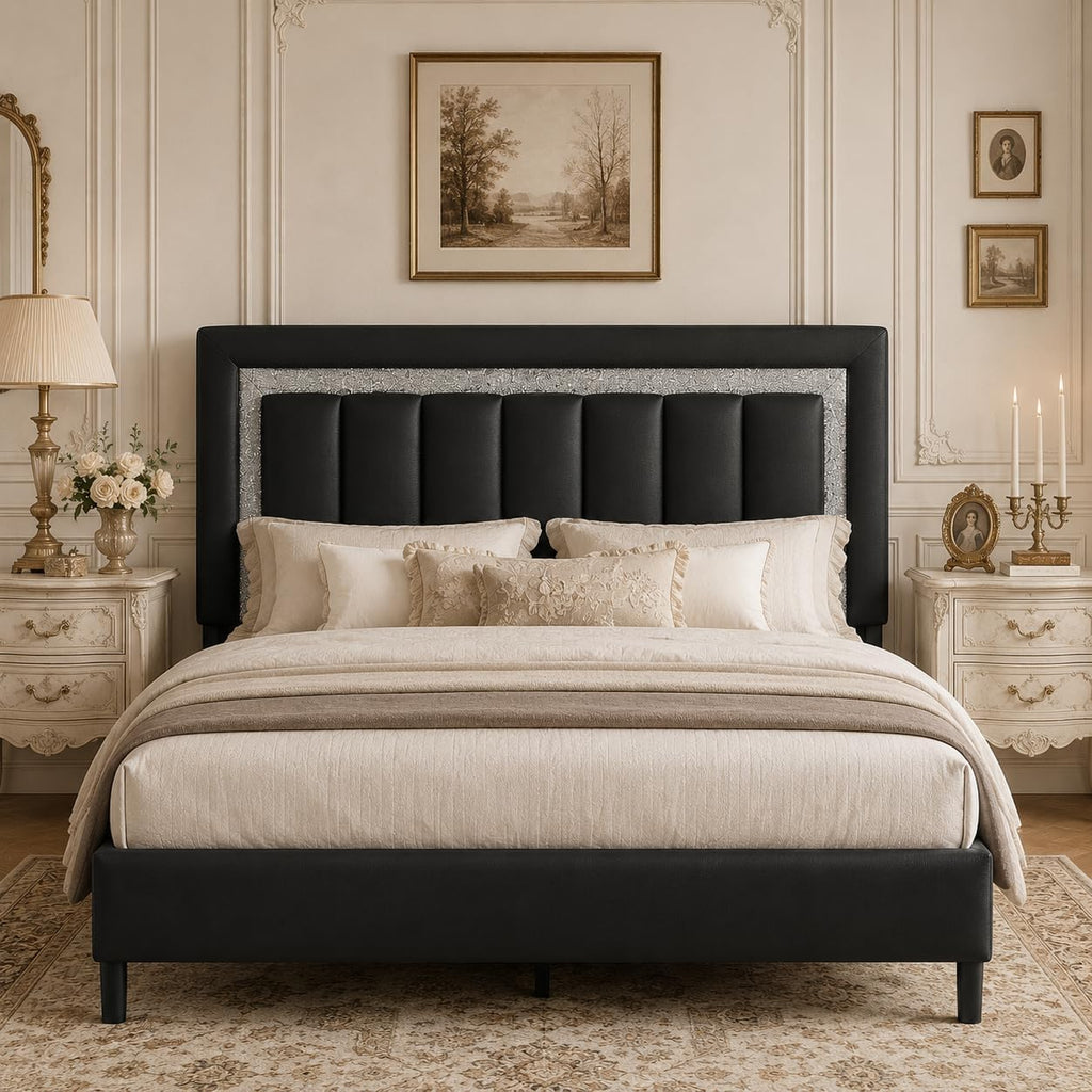 HOMBCK Queen Size Bed Frame with Headboard, Bed Frame Queen with Diamond Vertical Design,Platform Bed Frame with Faux Leather Upholstered,Wooden Slats - No Box Spring Needed, Black