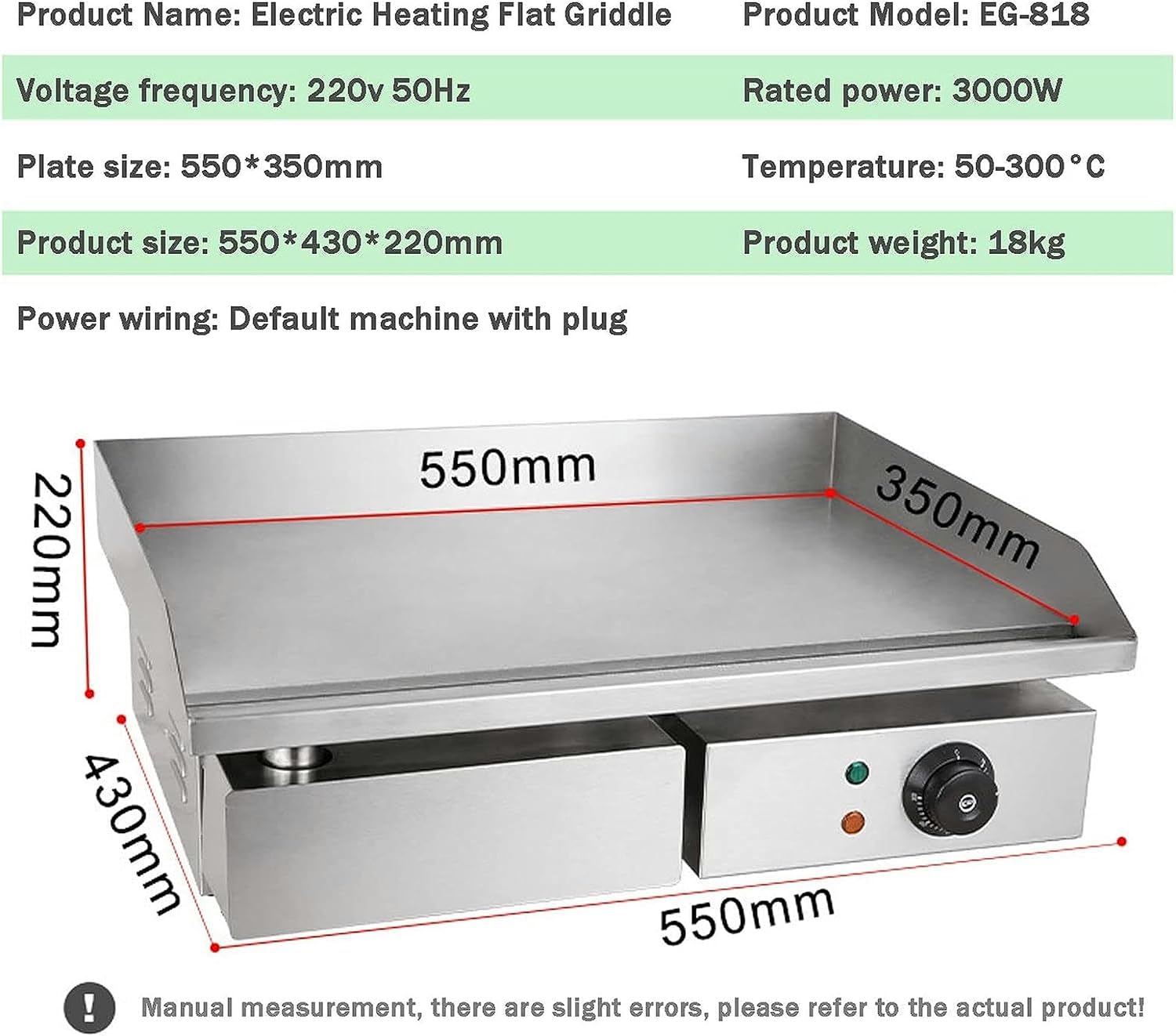 Electric Griddle Flat Hotplate Commercial Countertop BBQ Grill Stainless Steel Nonstick Barbecue, Efficient Nonstick Burger Bacon Kitchen Barbeque Countertop for Barbecue Omelette Fried Food