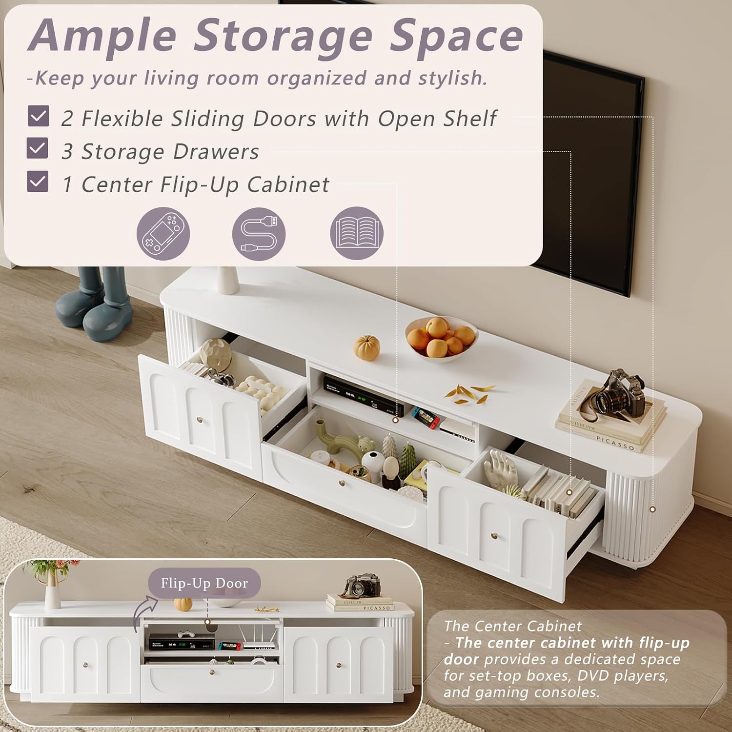 Modern TV Stand with Storage, Minimalist Entertainment Center with 3 Drawers & Flip-Up Door & Shelves for 55/65/75/85 Inch TVs for Living Room & Bedroom, White (Style2)