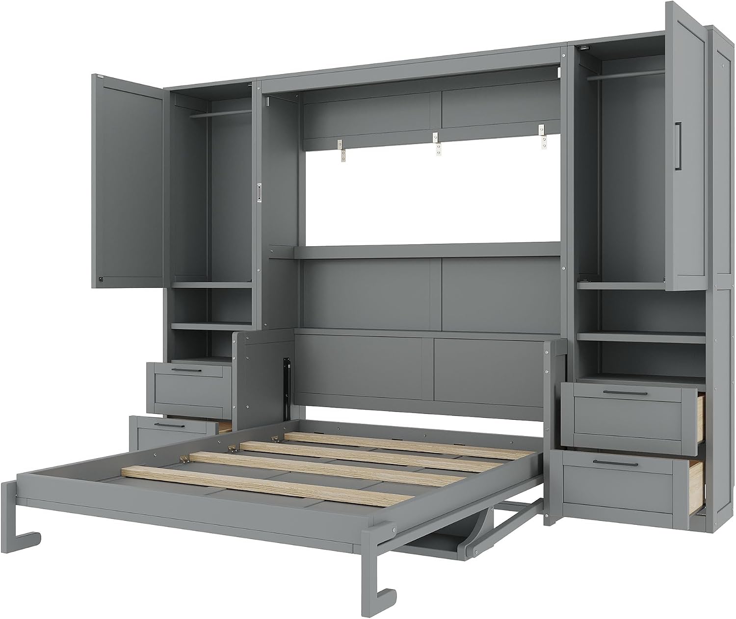 Merax Queen Size Murphy Bed with Desk, Multifunctional Foldable Wall Bed with Closet, Drawers and Shelves, Space-Saving Wood Platform Bed Frame for Small Spaces Studio Study Office Guest Room, Gray