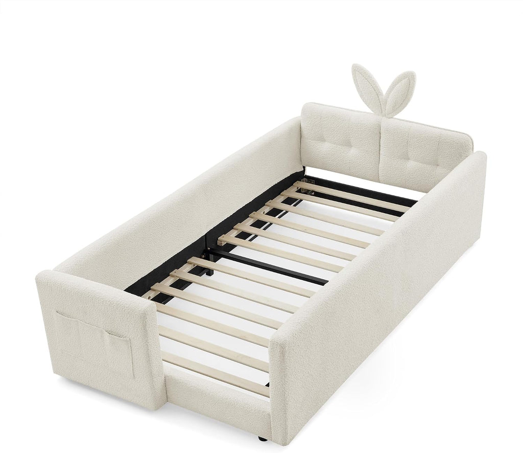 VilroCaz Twin Size Upholstered Platform Bed with Safety Guardrail and Cute Rabbit Ear Shaped Headboard, Boucle Fabric Montessori Kids Bed with Pocket and Sturdy Slats Support (Beige-7.24)