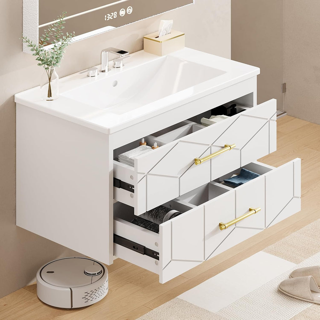 Garvee 24' Bathroom Vanity with Sink, Floating Bathroom Vanity with Ceramic Basin, 2 Large Storage Drawers with Gold Metal Handle, Modern Wall Mounted Bathroom Cabinet with Sink, White
