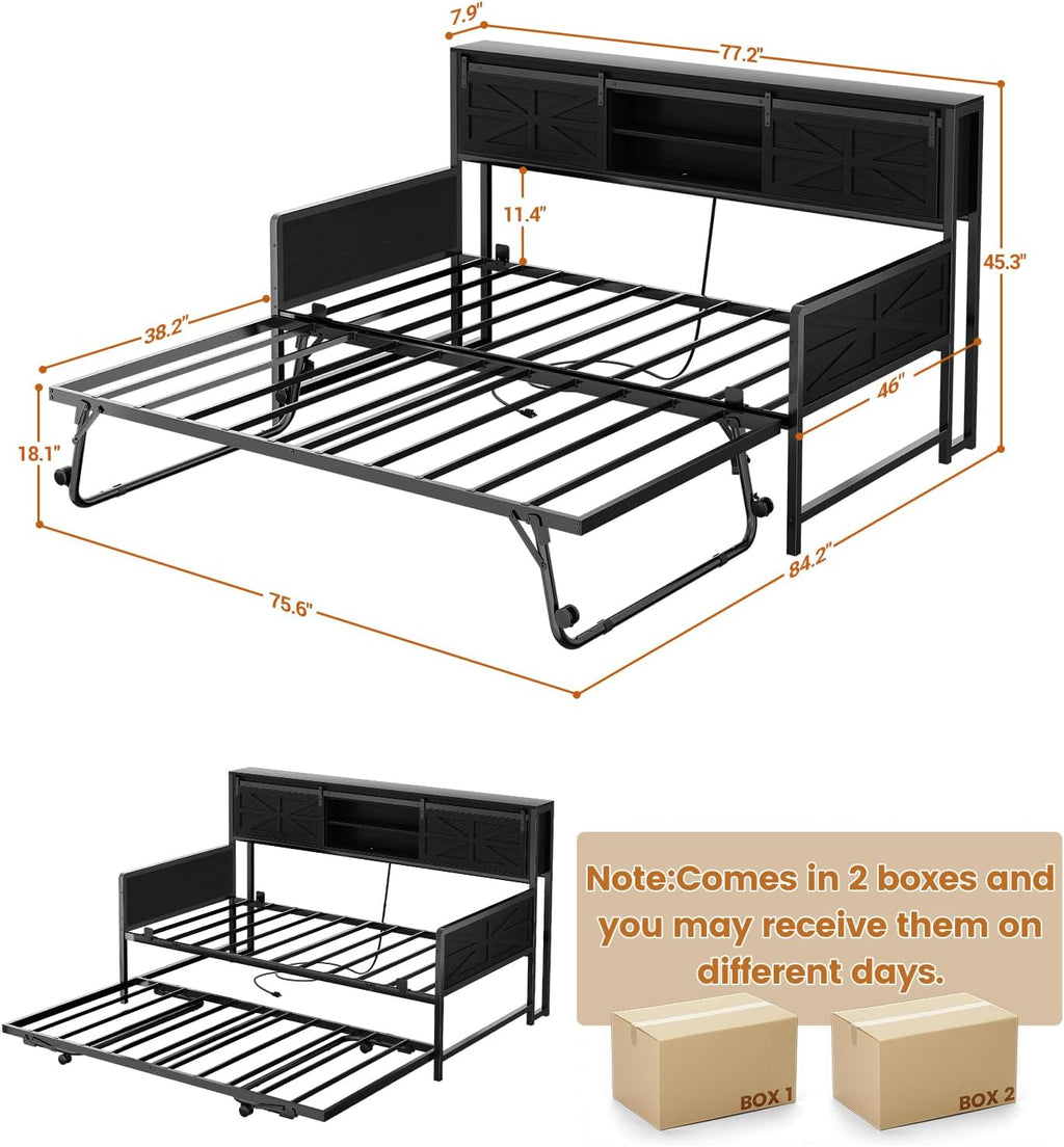 Homieasy Farmhouse Twin Daybed with Pop-Up Trundle, Metal Trundle Bed Frame with Bookcase Headboard, Charging Station & Barn Door Storage for Bedroom & Guest Room, Black