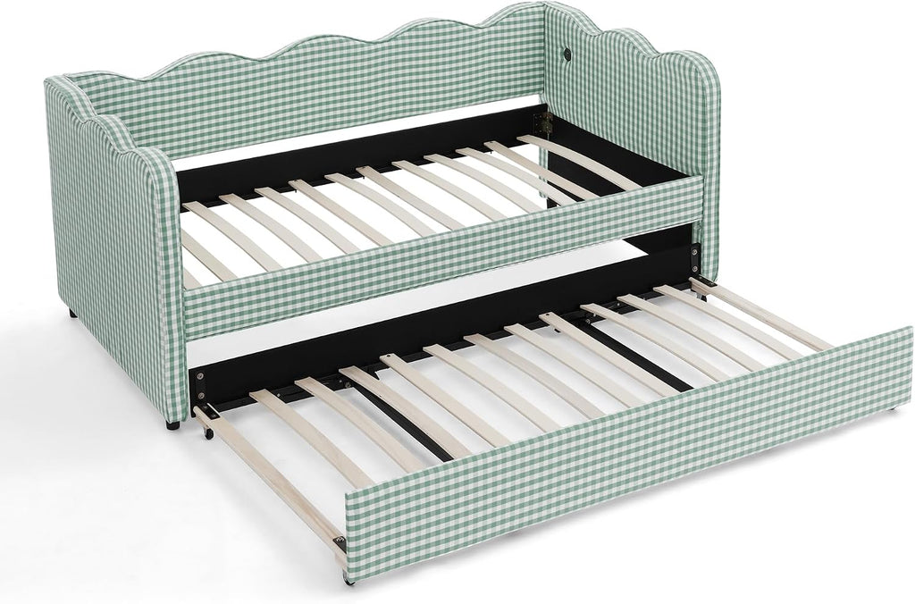 DEINPPA Twin Size Upholstered Daybed with Trundle, Gingham Daybed with USB Ports for Bedroom Living Room Guest Room-Cyan