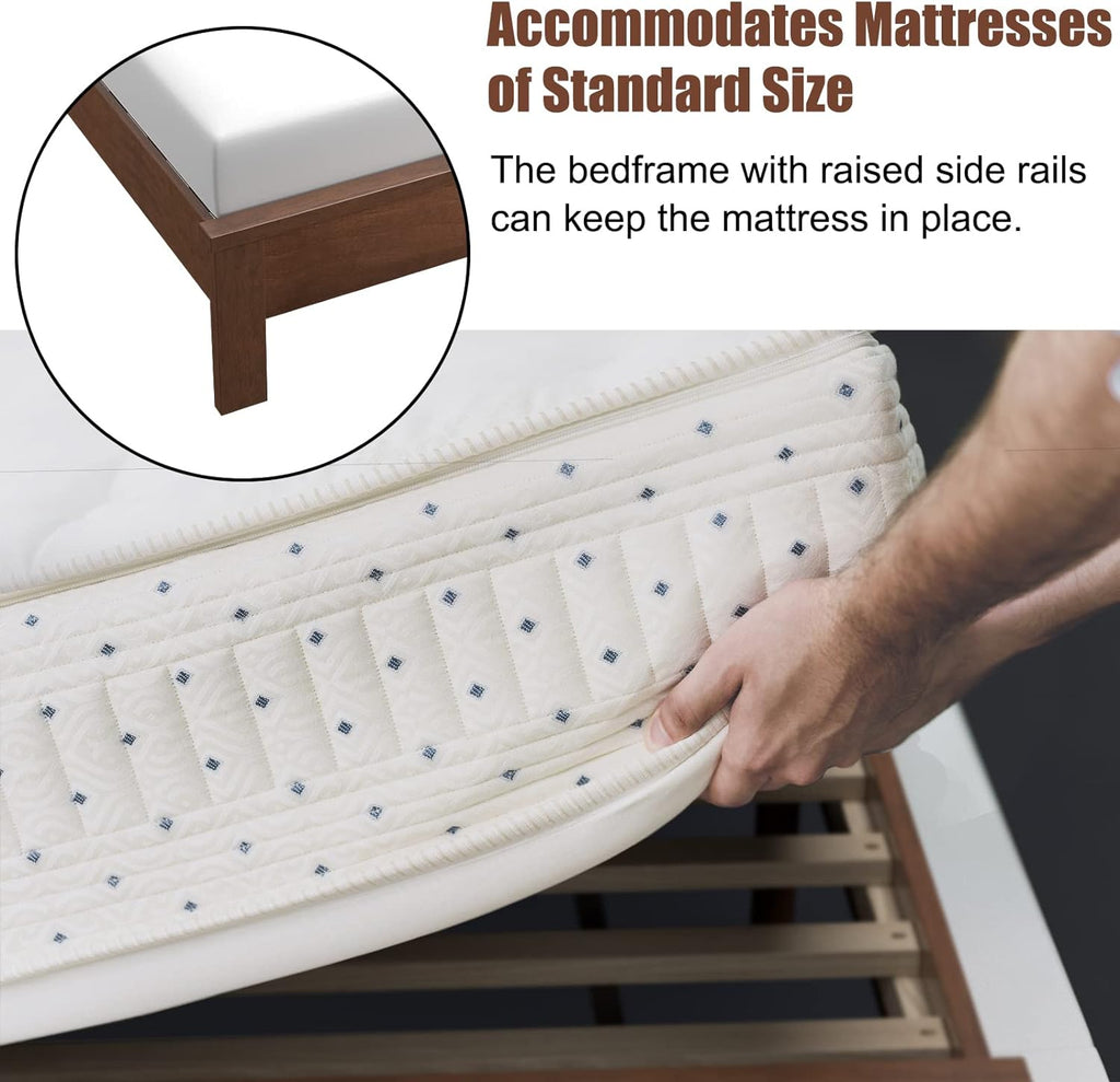 KOMFOTT Twin Size Wood Platform Bed Frame with Headboard, Wooden Mid Century Platform Bed with Slat Support & Under Bed Storage, Mattress Foundation Bed Base, No Box Spring Needed, Walnut