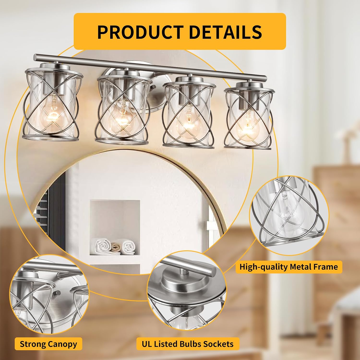 mavcadonf Bathroom Vanity Light Fixtures Over Mirror, 4 Lights Modern Bathroom Wall Lamp for Mirror Kitchen Living Room Hallway Cabinet Porch, Farmhouse Wall Lights with Cage Shade, Brushed Nickel