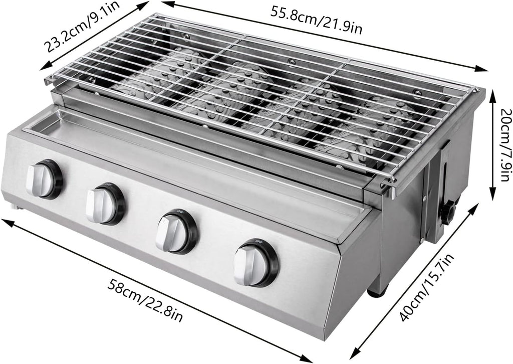 Tabletop Grill Smokeless BBQ with 4 Burners Portable Gas Barbecues Griddle with 4 Independent Switches Gas Grill Griddle for parties, backyard barbeques, Camping, Tailgating or Picnicking