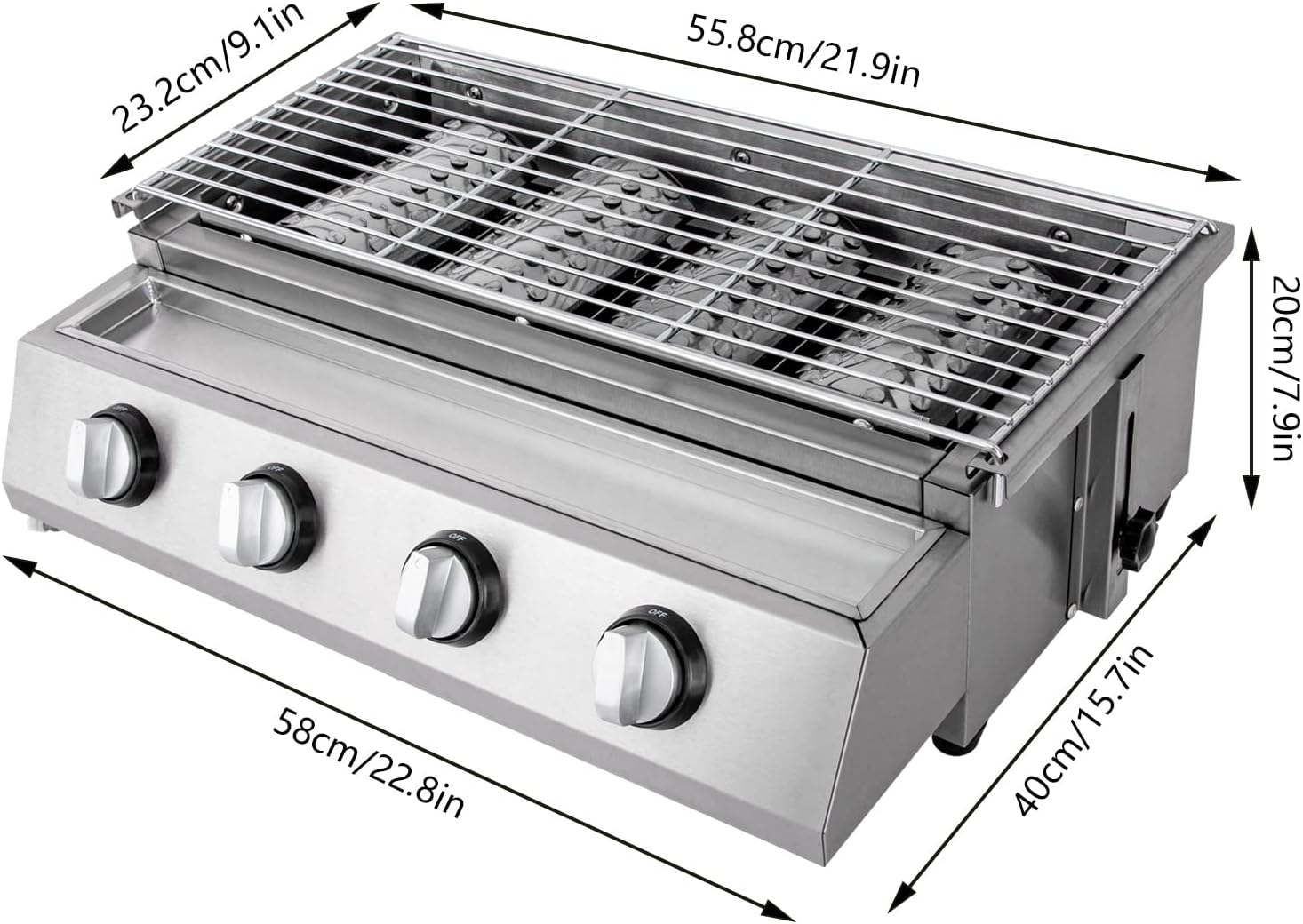 Tabletop Grill Smokeless BBQ with 4 Burners Portable Gas Barbecues Griddle with 4 Independent Switches Gas Grill Griddle for parties, backyard barbeques, Camping, Tailgating or Picnicking