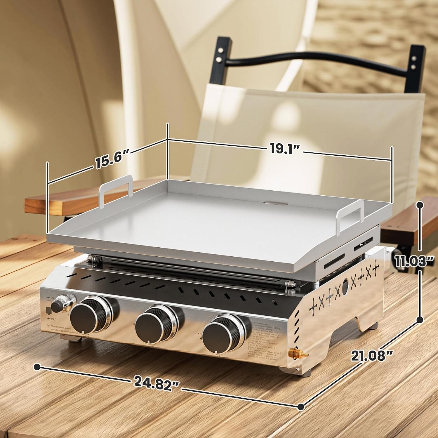 WAA 24000BTU Portable Propane Griddle, Tabletop Portable Propane Gas Grill with 3 Burners, Stainless Steel Flat Top Grill, Outdoor Cooking for Tailgating, Camping, RVs, BBQ, Patio, Silver