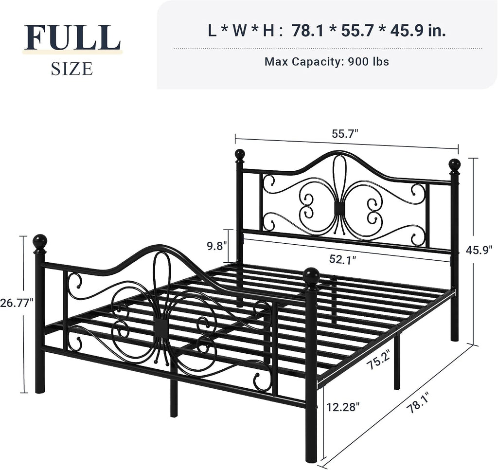 Allewie Full Size Bed Frame with Headboard,Metal Bed Frame with Butterfly Pattern Design Headboard & Footboard,No Box Spring Needed,Easy Assembly,Black