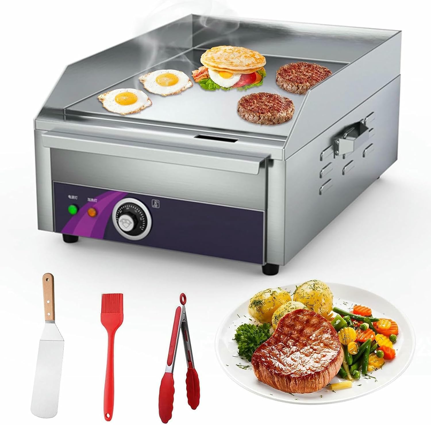 Commercial Electric Griddle 13.7' with Handle, Countertop Flat Top Griddle 2500W Non-Stick Restaurant Teppanyaki