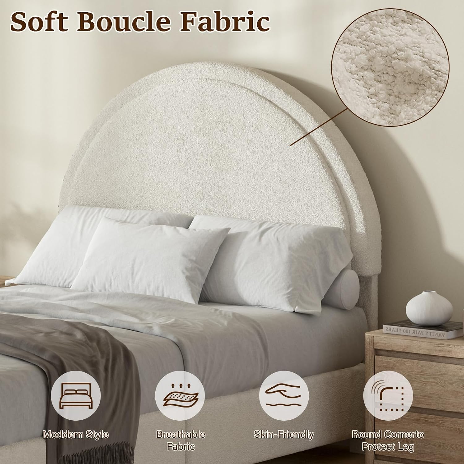REVOMINCA Twin Size Bed Frame, Boucle Upholstered Platform Bed with Headboard, Cloud Bed Frame with Soft Rounded Corners, No Box Spring Required, Easy Assembly, White