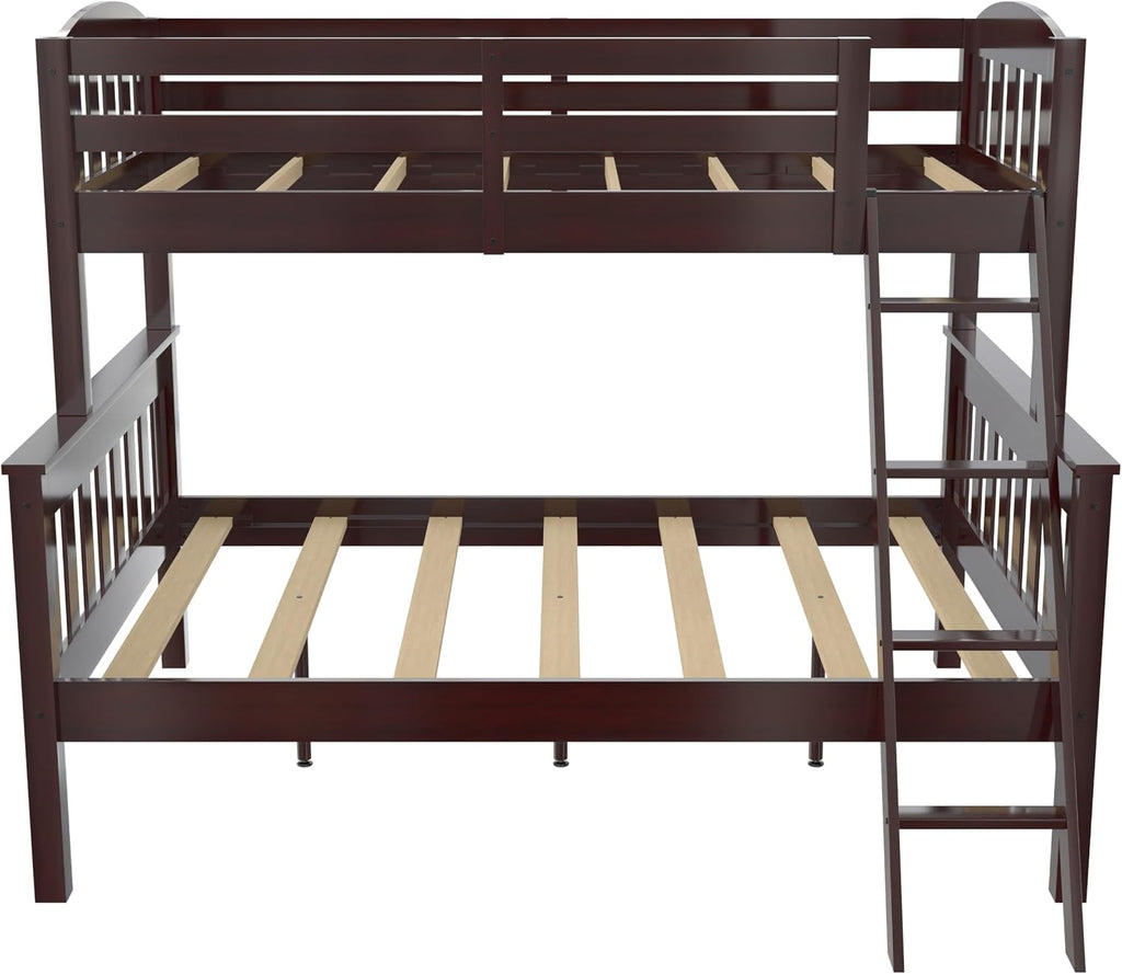 DHP Airlie Convertible Wood Bunk Bed Twin Over Full Size, Stackable and Detachable Bed Frames for Kids, Teens, Angled Ladder, High Guardrail, Wood Slats, No Boxspring Required, Espresso