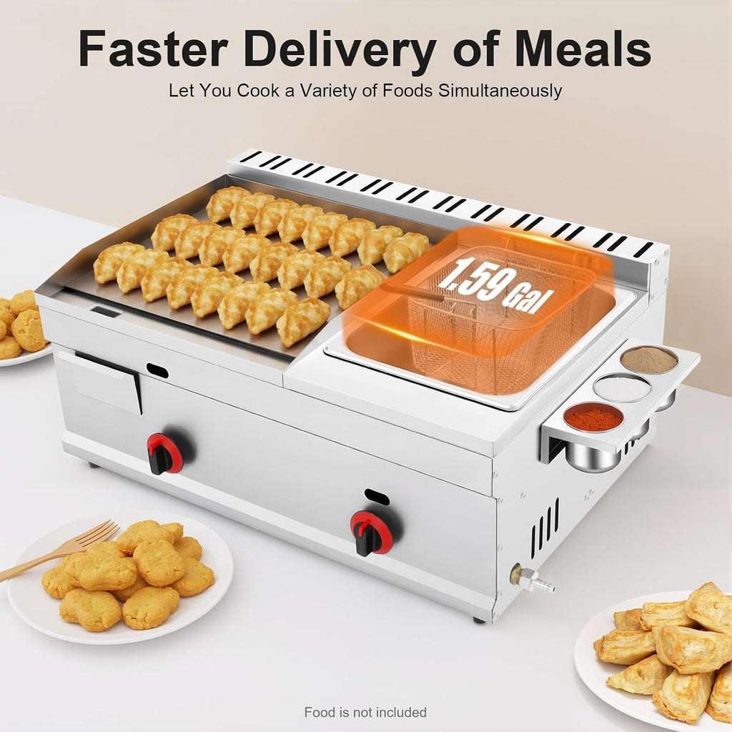 Commercial Deep Fryer, Heavy Duty Manual Flat Top Restaurant Griddle Use Liquefied Gas or Gas, Stainless Steel Portable Grill BBQ Hot Plate Grill and Deep Fryer