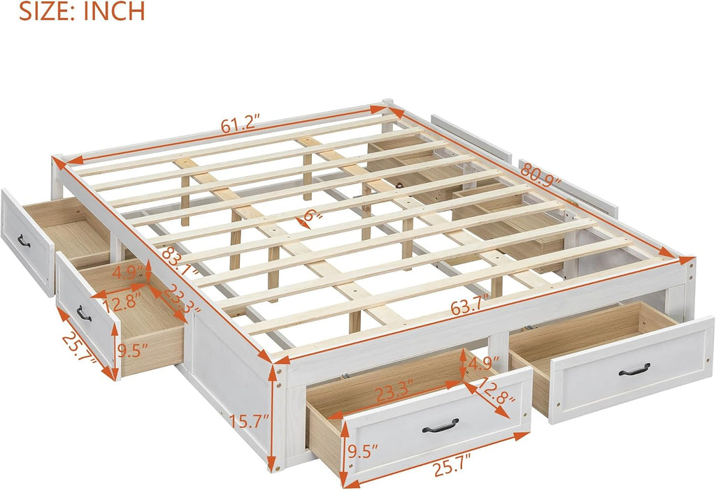 SOFTSEA Farmhouse Queen Size Bed Frame with 6 Drawers, Wood Storage Bed No Headboard with Support Slats, Solid Wood Platform Bed Frame with Drawers, No Box Spring Needed, Easy Assembly, Antique White