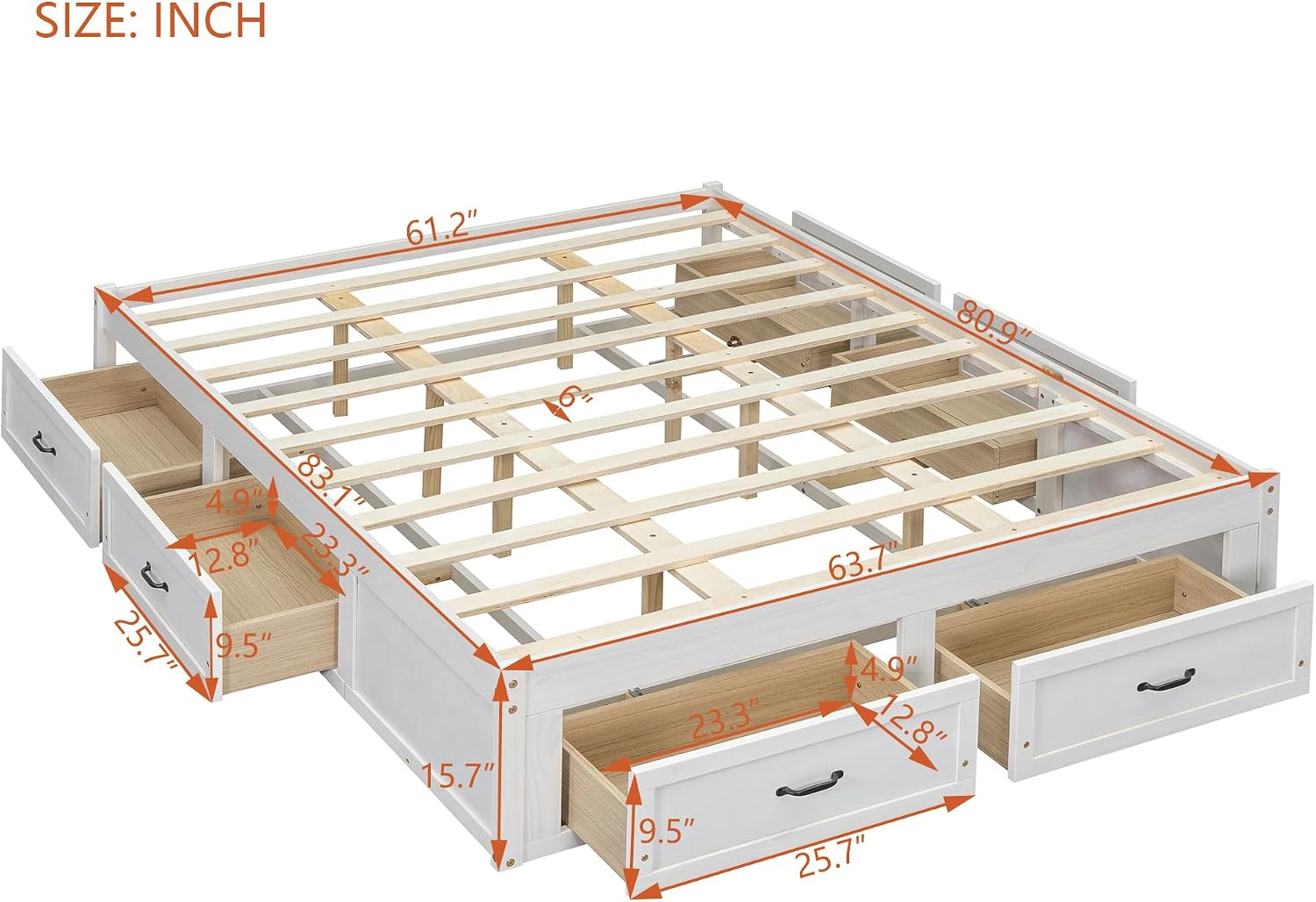 SOFTSEA Farmhouse Queen Size Bed Frame with 6 Drawers, Wood Storage Bed No Headboard with Support Slats, Solid Wood Platform Bed Frame with Drawers, No Box Spring Needed, Easy Assembly, Antique White