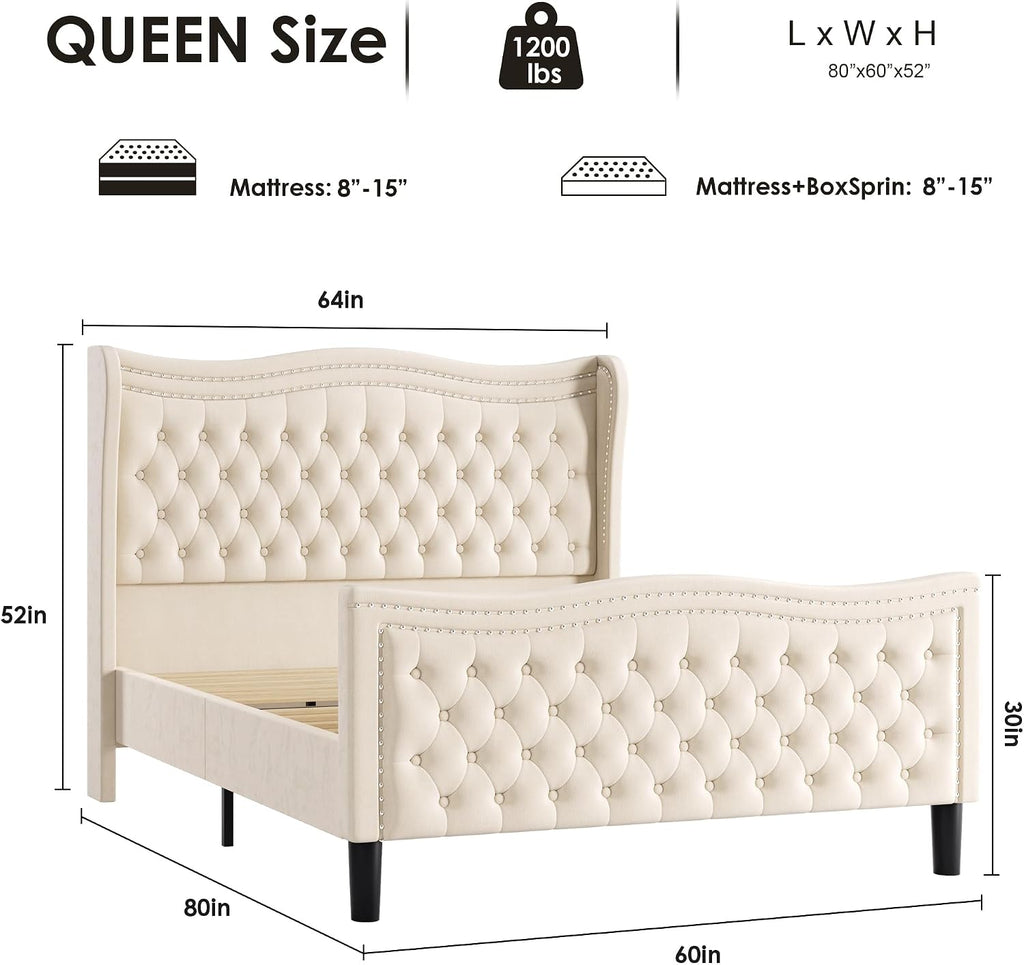 Queen Bed Frame with Tall Headboard & Footboard, Velvet Upholstered Platform Bed Frame with Deep Button Tufted Wingback, No Box Spring Needed, Noise Free, Beige