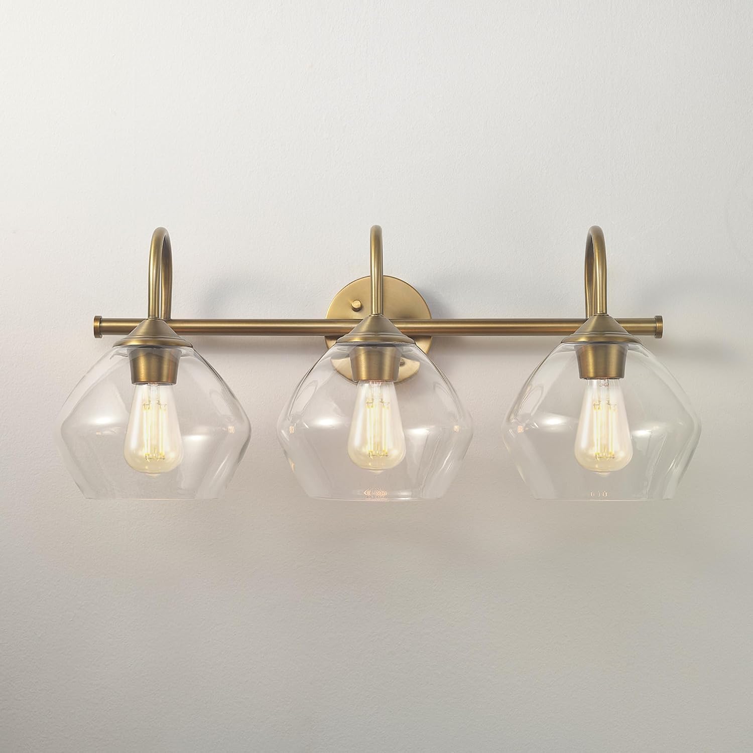 Globe Electric 63000103 26' 3-Light Vanity Fixture, Brass Finish, Clear Glass Shades, Beauty Room Accessories, Bathroom Lighting Over Mirror, Makeup Lights, Wall Light, Home Essentials, House Décor