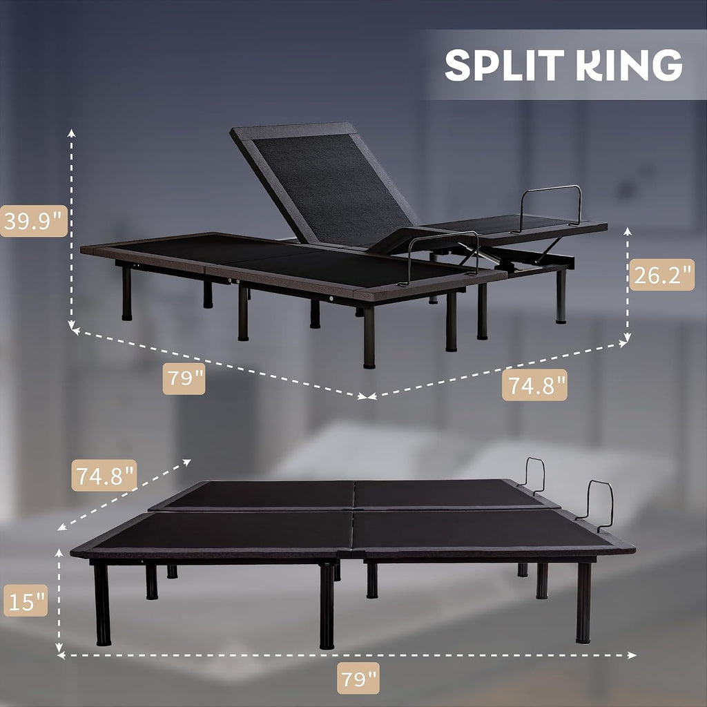 Dyonery Split King Adjustable Bed Frame with 12 inch Gel Memory Foam Mattress, CertiPUR-US Certified Fiberglass Free, Zero Gravity & Wireless Remote, Head & Foot Incline, 80'×76'
