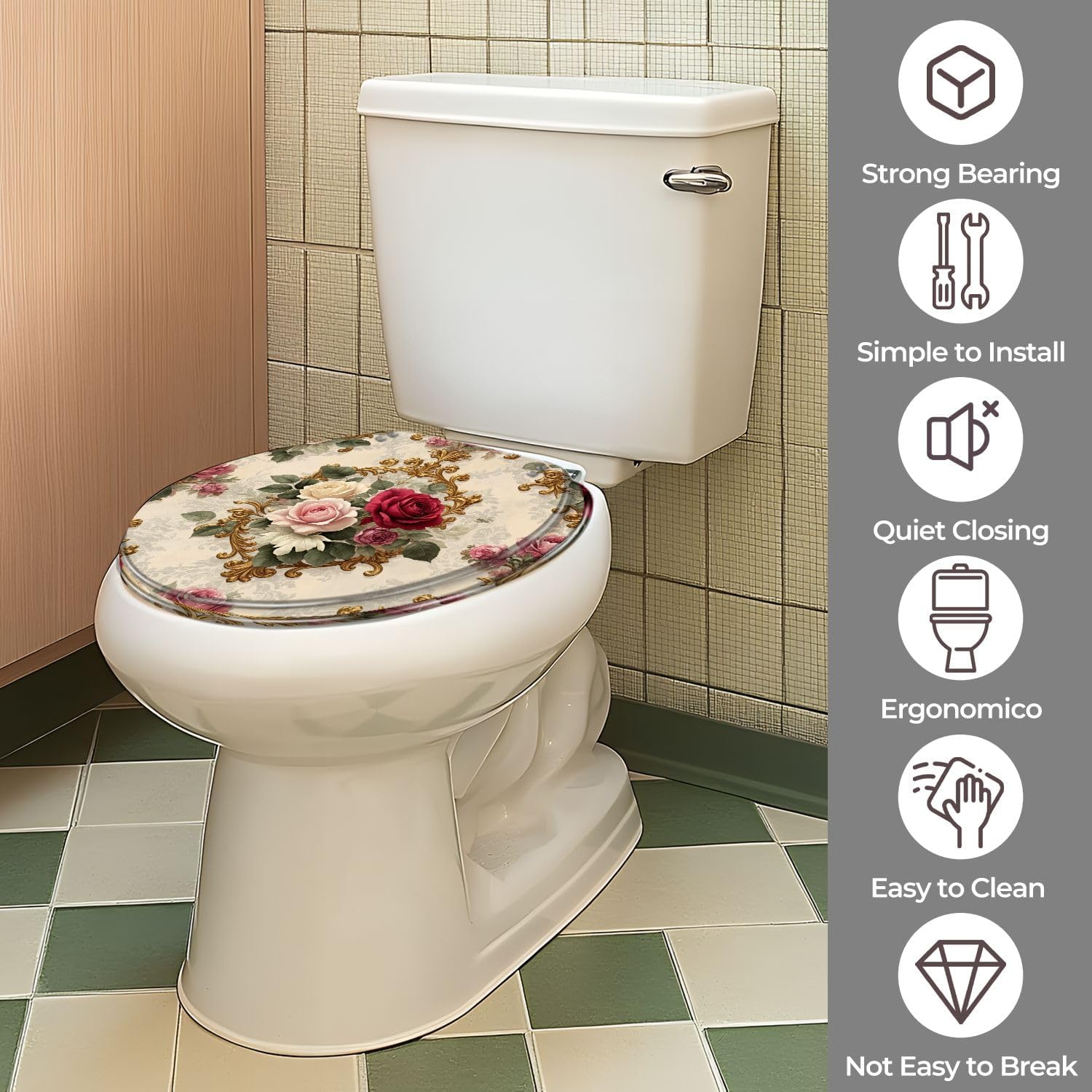 Round Toilet Seat Floral Roses Ornate Gold Soft Pink Victorian Vintage Baroque Resin Toilet Seat with Quietly Close Quick Release Hinges Decorative Toilet Seat with Cover Easy to Clean and Install