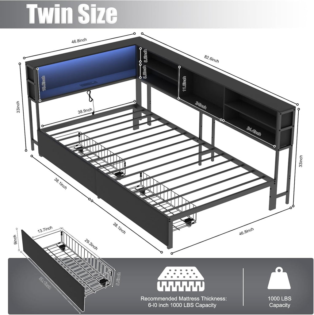 Bellemave Twin Corner Bed Frame with Storage, Twin Size Captains Bed with Charging Station and LED Light, Wood Daybeds with L-Shaped Bookcase and 2 Drawers, Black