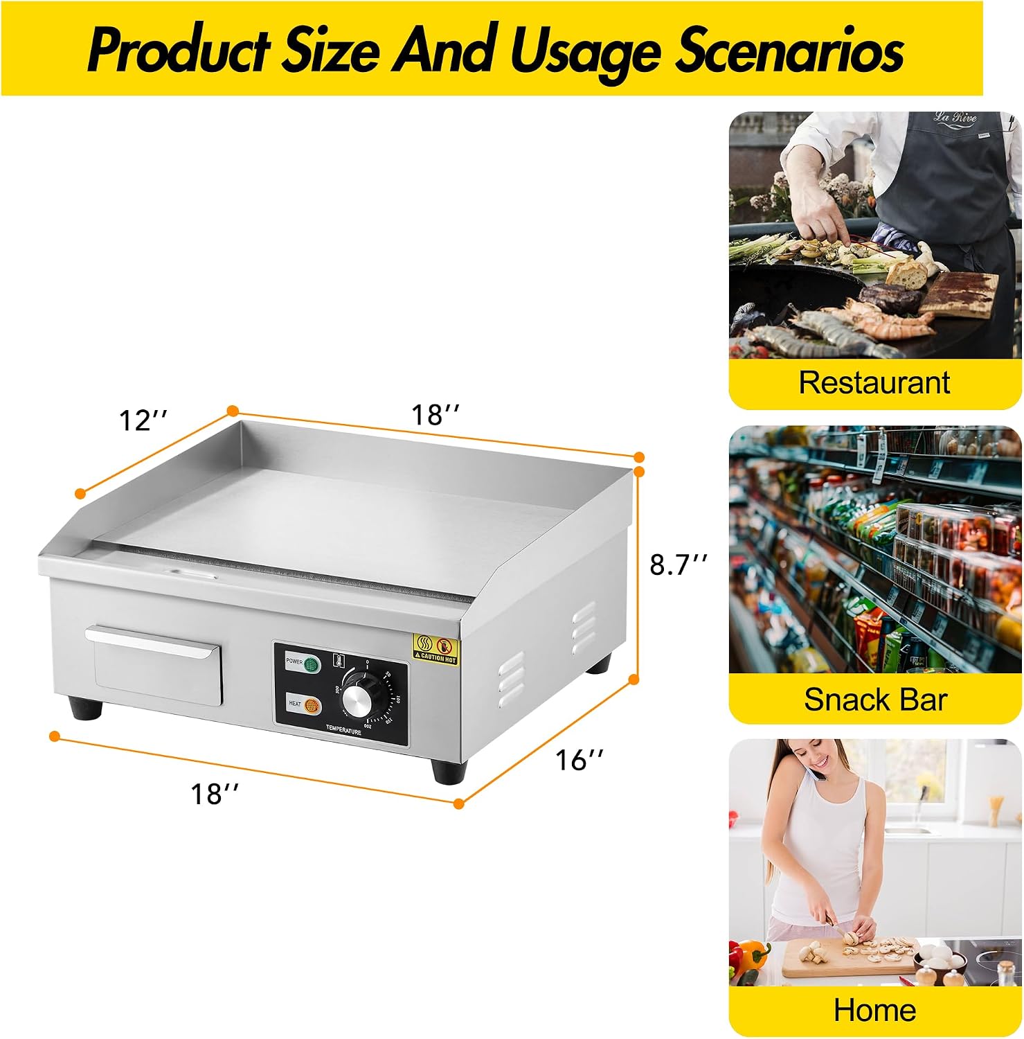 18 Inch Commercial Electric Griddle, 1600W Stainless Steel Flat Top Grill with 122-572°F Adjustable Temp, 2 Shovels, 2 Brushes, Indoor Countertop BBQ Teppanyaki Grill for Home Restaurants