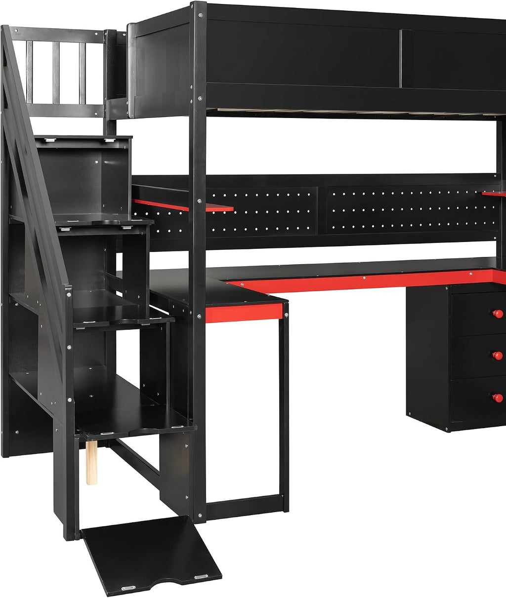 Ball & Cast Gaming Twin Size Loft Bed with Storage Stairs,Wood Gamer Loft Bed Frame W/Desk,Shelves and Pegboard,High Loft Bed W/Full-Length Guardrail,Bedroom Furniture for Student Dorms,Black+Red
