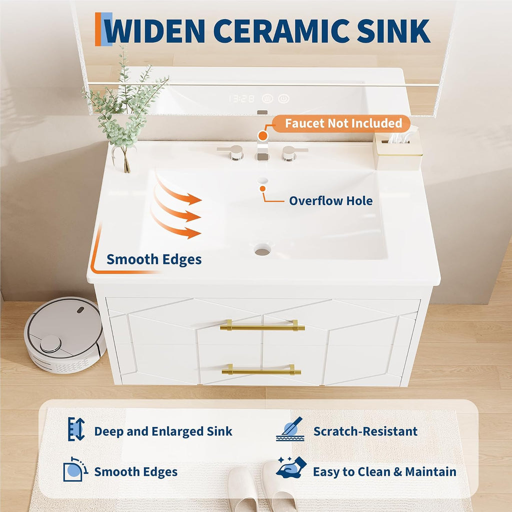 Garvee 24' Bathroom Vanity with Sink, Floating Bathroom Vanity with Ceramic Basin, 2 Large Storage Drawers with Gold Metal Handle, Modern Wall Mounted Bathroom Cabinet with Sink, White