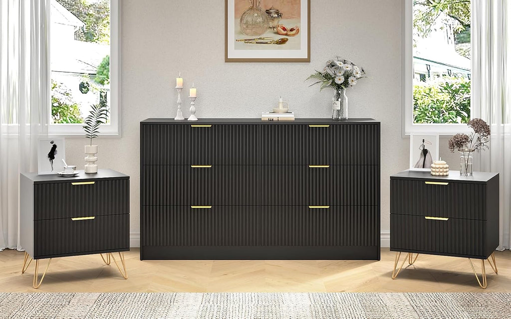 Black Dresser and Nightstand Sets, 6 Drawer Dresser Set for Bedroom 3 Piece, 55' Wide Fluted Wood Dressers W/Metal Handle & Night Stand Set of 2, Modern Bedroom Furniture Sets, Black