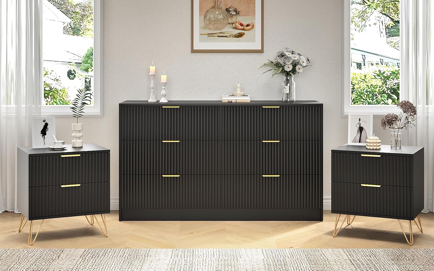 Black Dresser and Nightstand Sets, 6 Drawer Dresser Set for Bedroom 3 Piece, 55' Wide Fluted Wood Dressers W/Metal Handle & Night Stand Set of 2, Modern Bedroom Furniture Sets, Black
