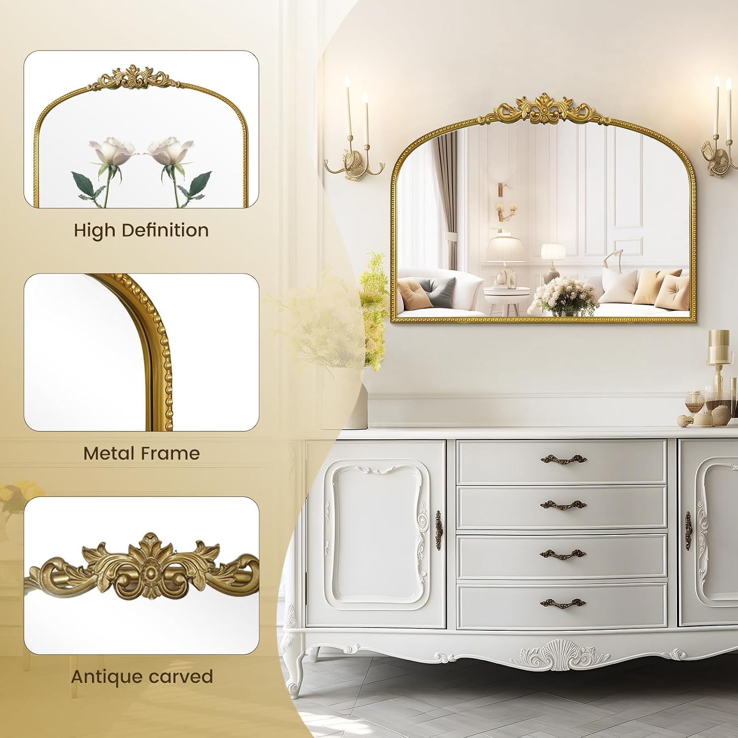 WallBeyond Gold Vintage Mirror for Vanity 32x24 Inch, Gold Antique Mirror with Ornate Frame, Arched Vintage Wall for Bathroom, Living Room, Fireplace, Entryway