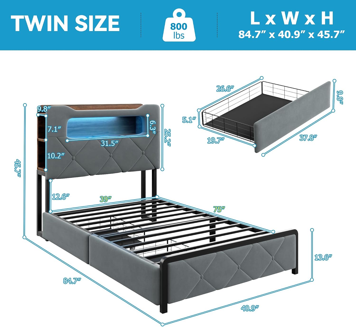 Jocoevol Twin Upholstered LED Bed Frame with 2 Storage Drawers and 2-Tier Storage Bookcase Headboard, Velvet Platform Bed for Kids/Girls/Boys, Heavy Duty Metal Support, No Box Spring Needed, Grey