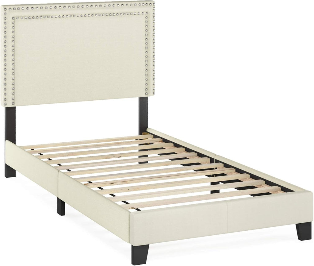 Furinno Laval Double Row Nail Head 12PC Slat Style Bed Frame, Twin, Linen
