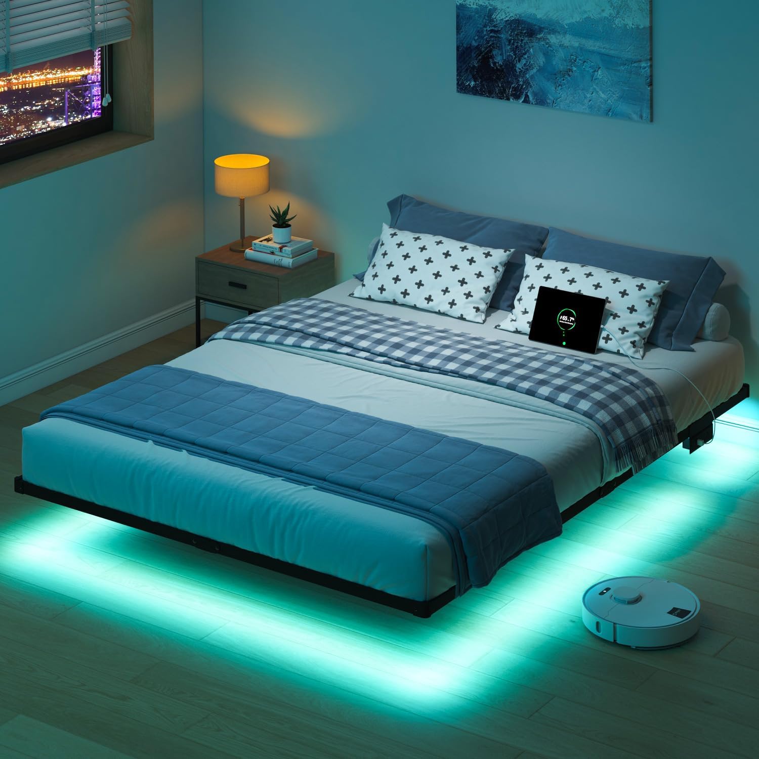 HAVONIZD Queen Floating Bed Frame with LED Lights and Charging Station - 10 inch Platform Bed Frame No Box Spring Needed, Easy Assembly