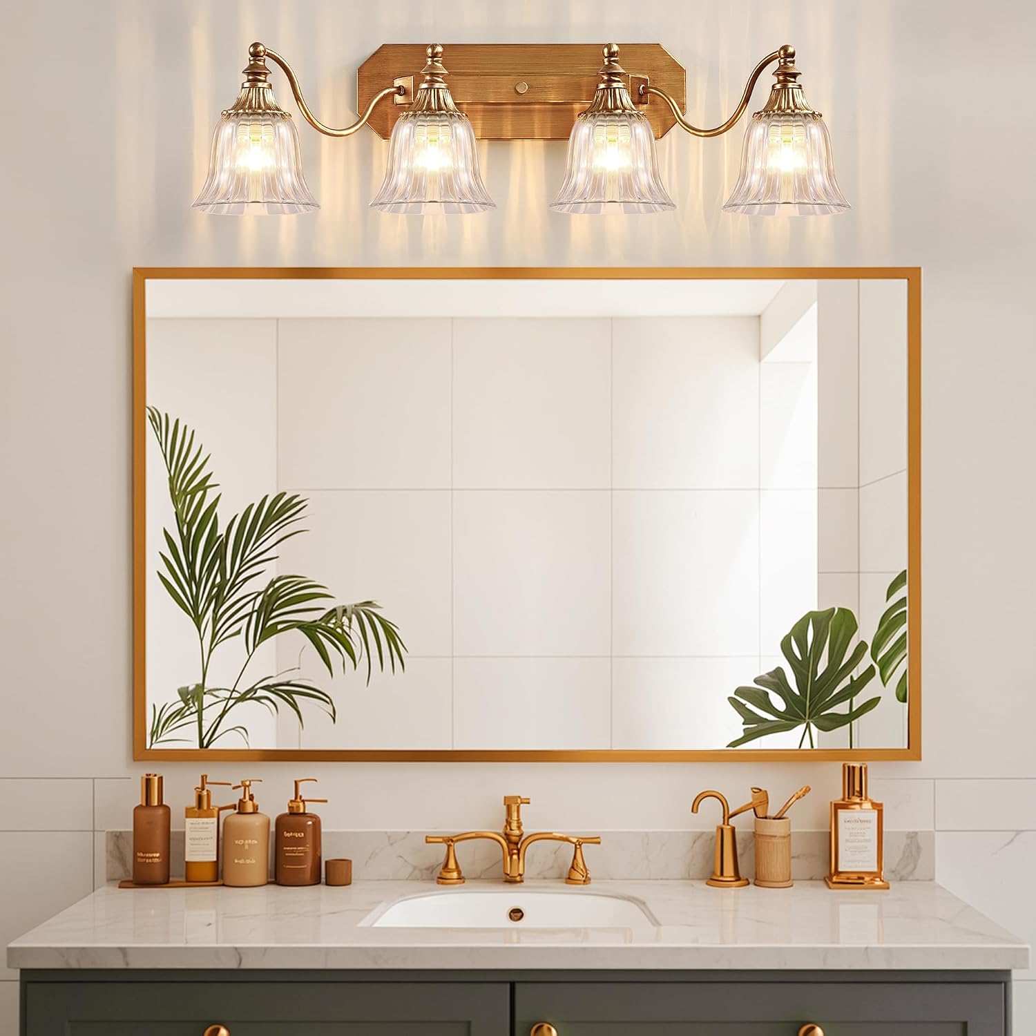 Gold Vintage Bathroom Light Fixtures, 4-Lights Bathroom Vanity Light, Antique Brushed Gold Lighting Fixtures Over Mirror with Crystal Glass Shade, Wall Sconce Lighting