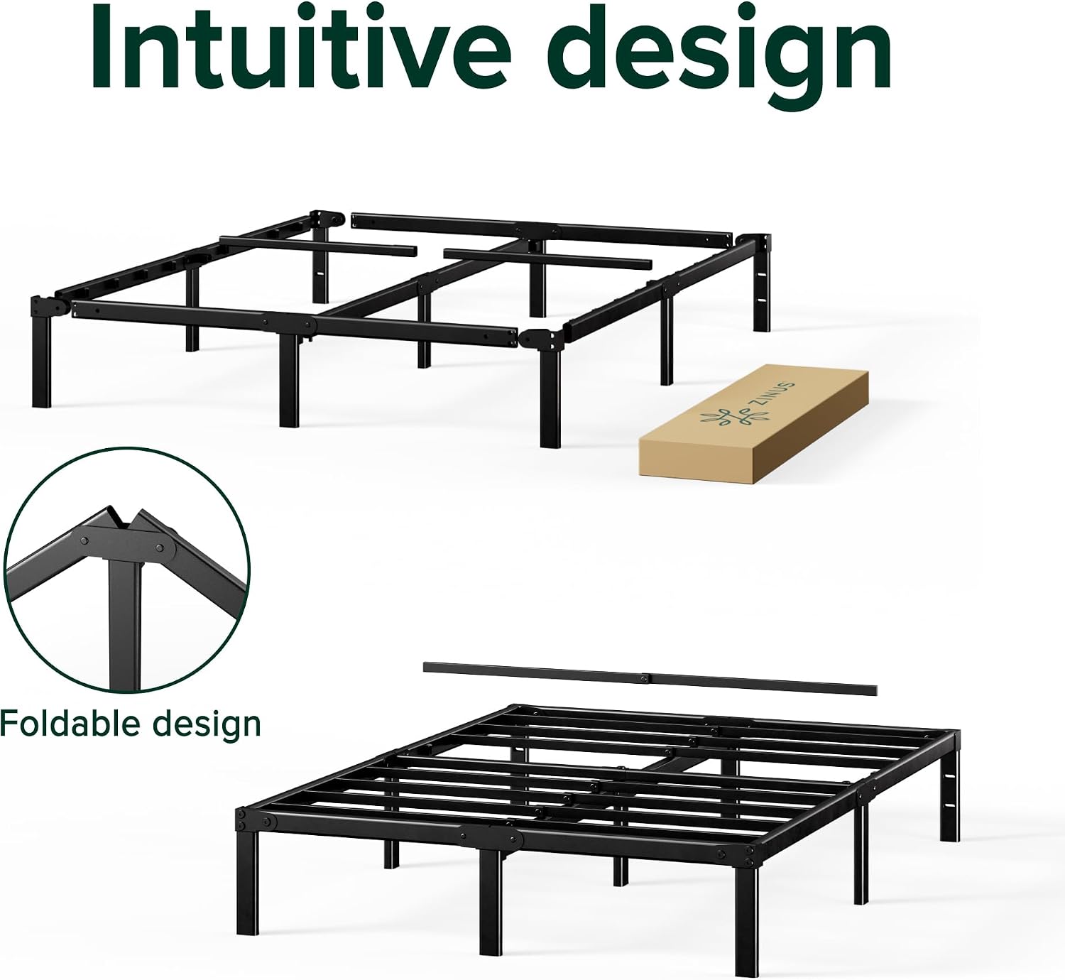 ZINUS Yelena 18 Inch Queen Metal Platform Bed Frame, Steel Slat Support, No Box Spring Needed, Eco Friendly WonderBox(TM) Packaging, Easy Assembly, Black
