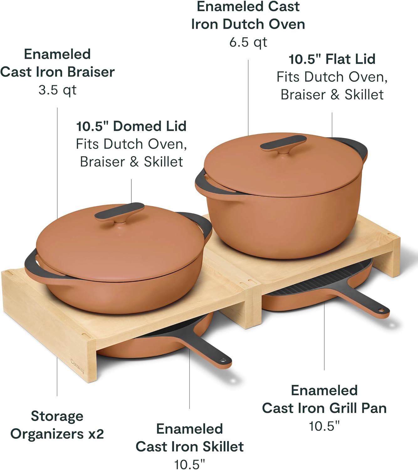 Caraway 8-Piece Enameled Cast Iron Set - 10.5' Skillet, Grill Pan, 3.5 qt Braiser Pan, 6.5 qt Dutch Oven with Lid and Organizers - Non-Toxic 3-Layer Enamel Coating - No Seasoning Required - Rust