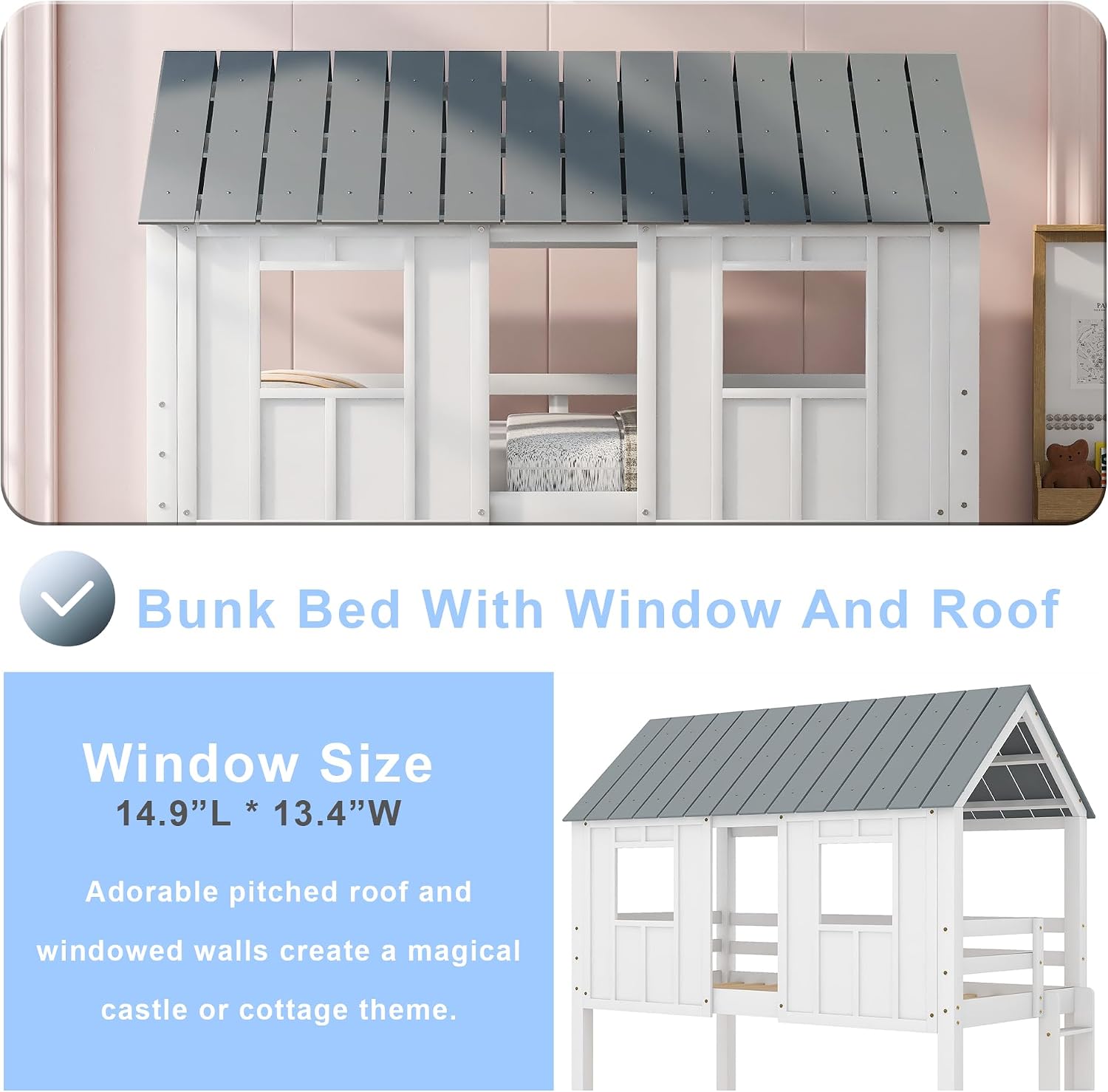 Polibi Twin-Over-Twin House Bunk Bed with Trundle, Twin Size Wooden House Bunk Bed with Roof, Windows, Ladder and Guardrails