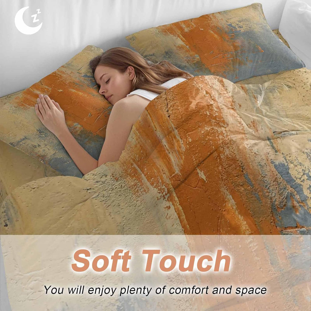 Abstract Art Duvet Cover Set Queen Size 4 Pieces Orange Grey Wall Mottled Texture Minimalist Modern Bedding Set with Zipper Closure, 1 Comforter Cover 90x92 Inches 1 Flat Sheet & 2 Pillow Cases