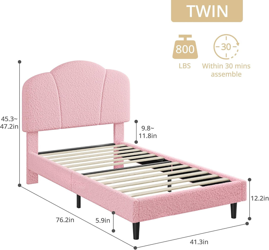 LIKIMIO Twin Size Bed Frame, Upholstered Twin Platform Bed with Headboard Lamb Velvet Twin Beds, No Box Spring Needed with 800LBS Sturdy Wooden Slats Support, Noise Free, Easy Assembly, Pink