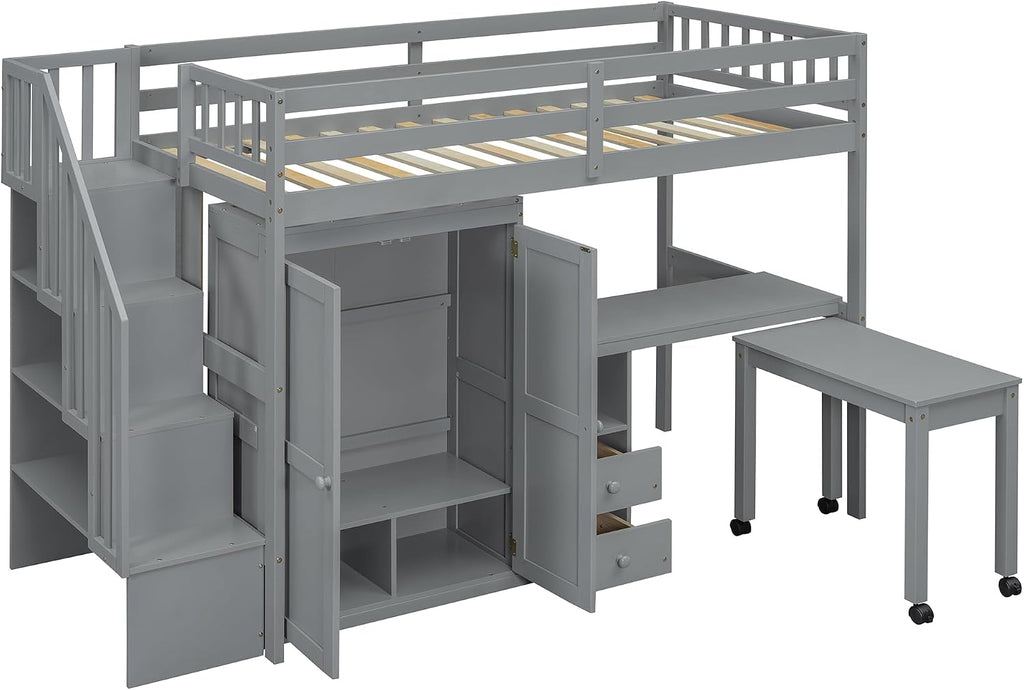 Merax Twin Multifunction Loft Bed with Desk, Wardrobe, Drawers, Wood Loft Bed with Staircase & Full Length Gardrails for Boys, Girls, No Box Spring Needed Gray