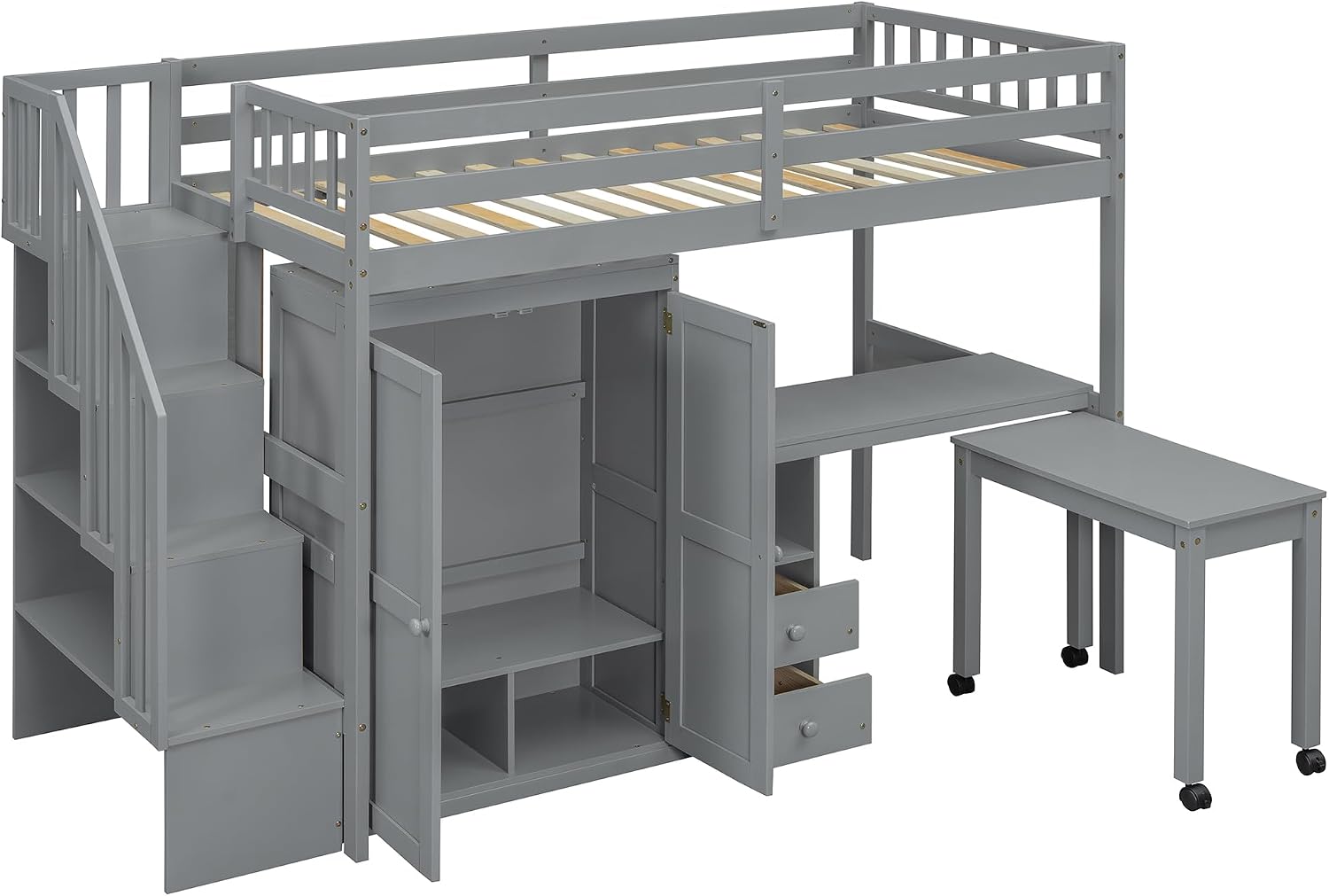 Merax Twin Multifunction Loft Bed with Desk, Wardrobe, Drawers, Wood Loft Bed with Staircase & Full Length Gardrails for Boys, Girls, No Box Spring Needed Gray