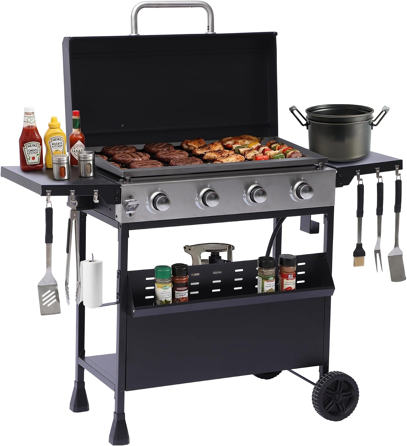 4-Burner Propane Griddle Grill with Removable Cart, 32,000 BTU Portable BBQ Gas Griddle with Iron Griddle Pan & Side Table, Spice Rack, Outdoor Flat Top Grills with Hooks for Backyard