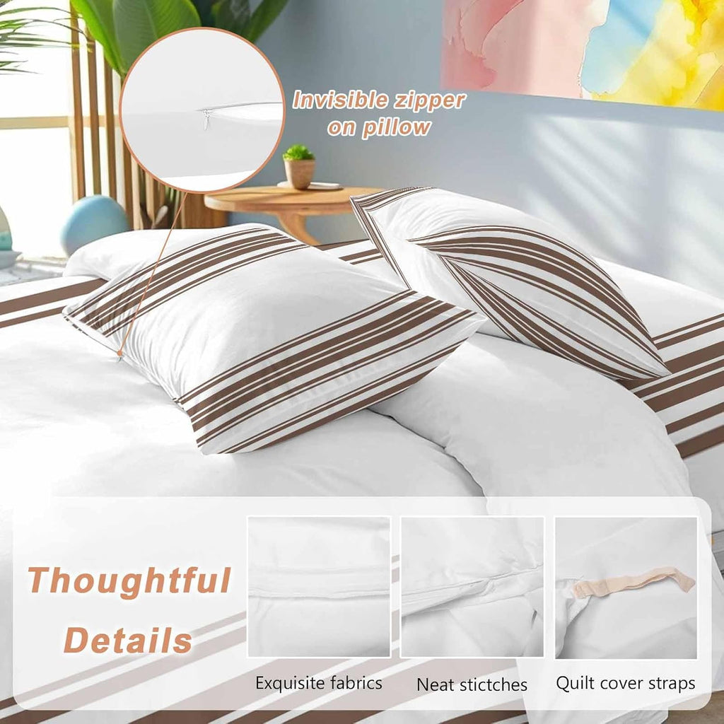 Dark Brown and White Striped Duvet Cover Set Queen Size 4 Pieces Modern Minimalist Vertical Lines Bedding Set with Zipper Closure, 1 Comforter Cover 86x86 Inches 1 Flat Sheet & 2 Pillow Cases