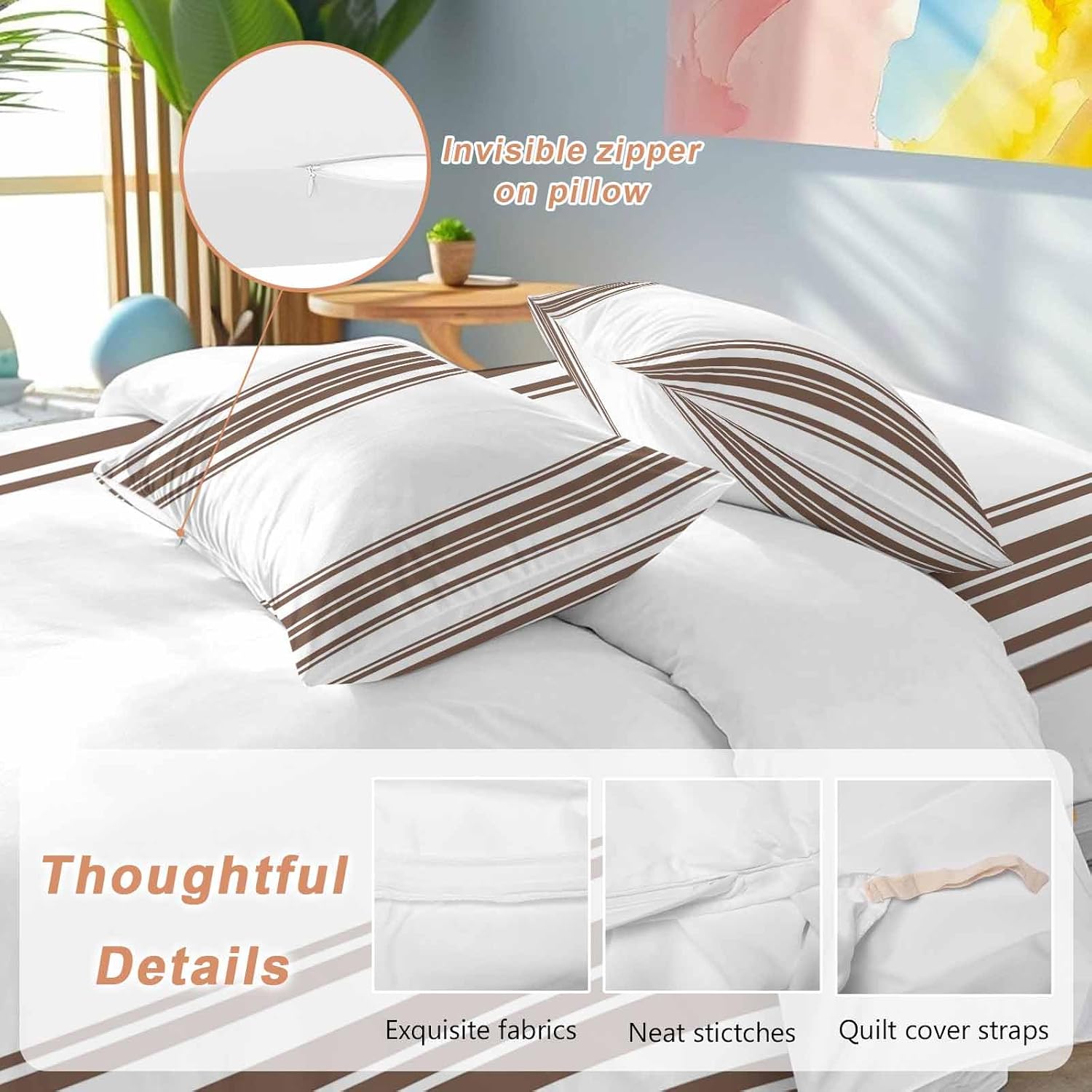 Dark Brown and White Striped Duvet Cover Set Queen Size 4 Pieces Modern Minimalist Vertical Lines Bedding Set with Zipper Closure, 1 Comforter Cover 86x86 Inches 1 Flat Sheet & 2 Pillow Cases