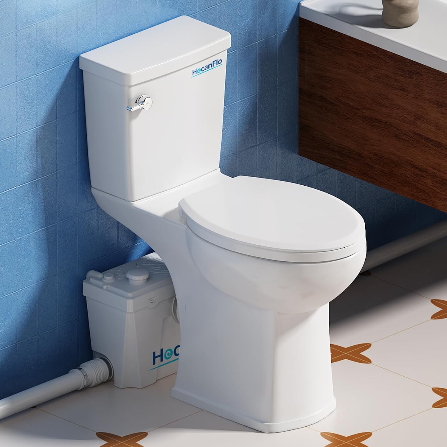 Upflush Macerating Toilet System – 21' ADA Compliant Tall Toilet with Macerator Pump Durable Copper Grinder with 4 Inlets for Basement Kitchen, Shower, Sink & Laundry, Extension Pipe Included