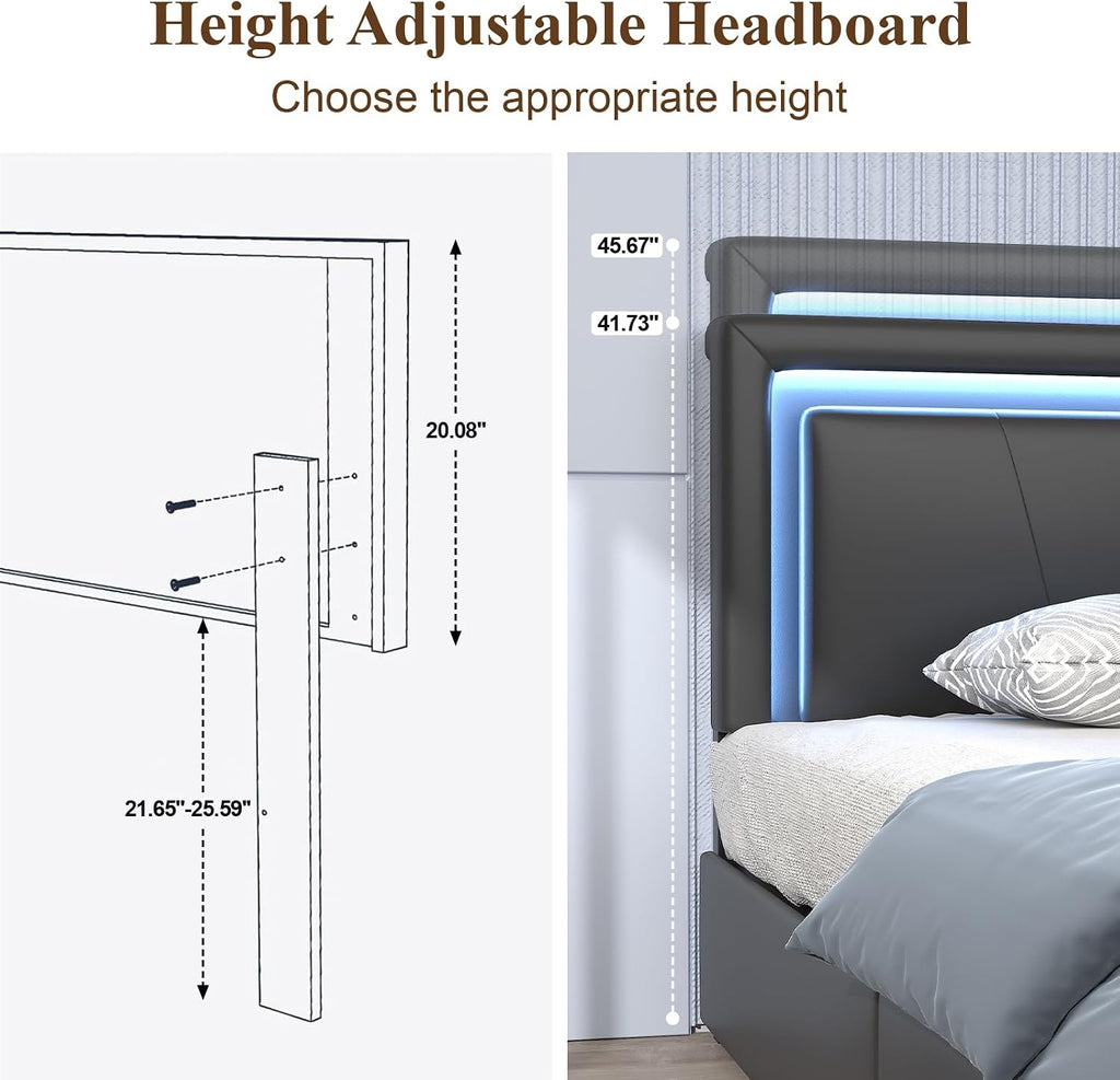 Twin Size Bed Frame with 4 Storage Drawers and LED Lights, Upholstered Platform Bed with Adjustable Headboard and Charging Station, Metal Slats Support, No Box Spring Needed,Easy Assembly, Black