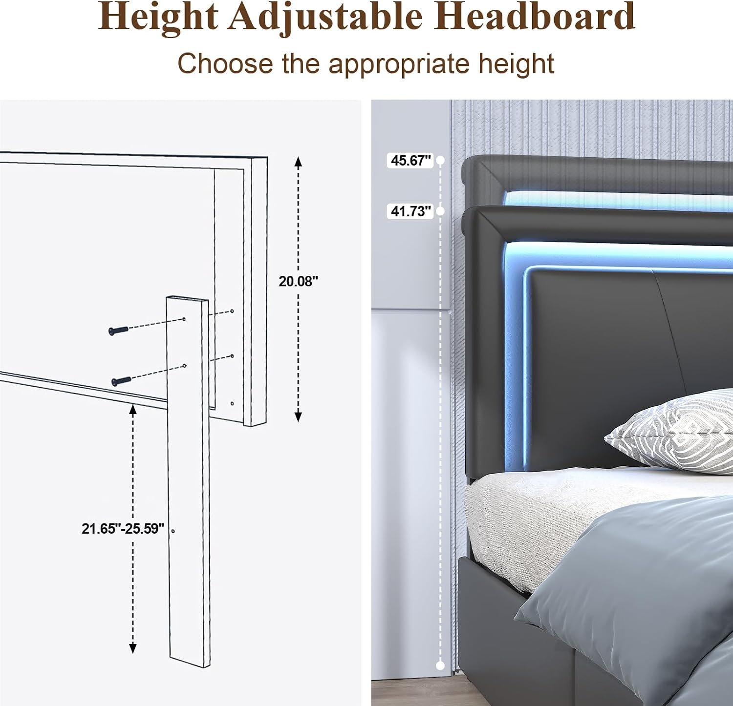 Twin Size Bed Frame with 4 Storage Drawers and LED Lights, Upholstered Platform Bed with Adjustable Headboard and Charging Station, Metal Slats Support, No Box Spring Needed,Easy Assembly, Black