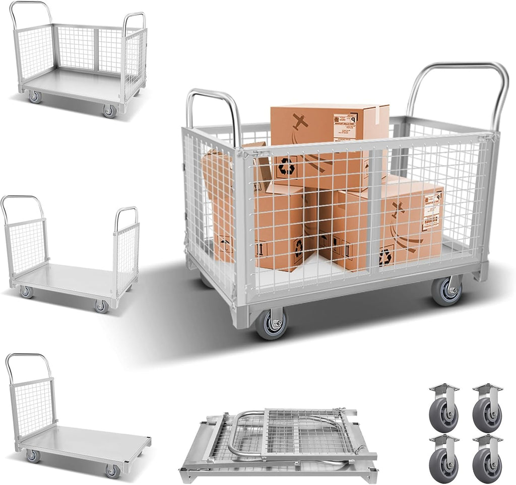 5-in-1 Platform Truck Cart with Cage, Heavy Duty Push Cart Dolly,4 Swivel Wheels, 2600 Lbs Capacity, Alloy Steel Material Multi Purpose Cart for Grocery Store/Laundry/Stall/Warehouse (Silver)